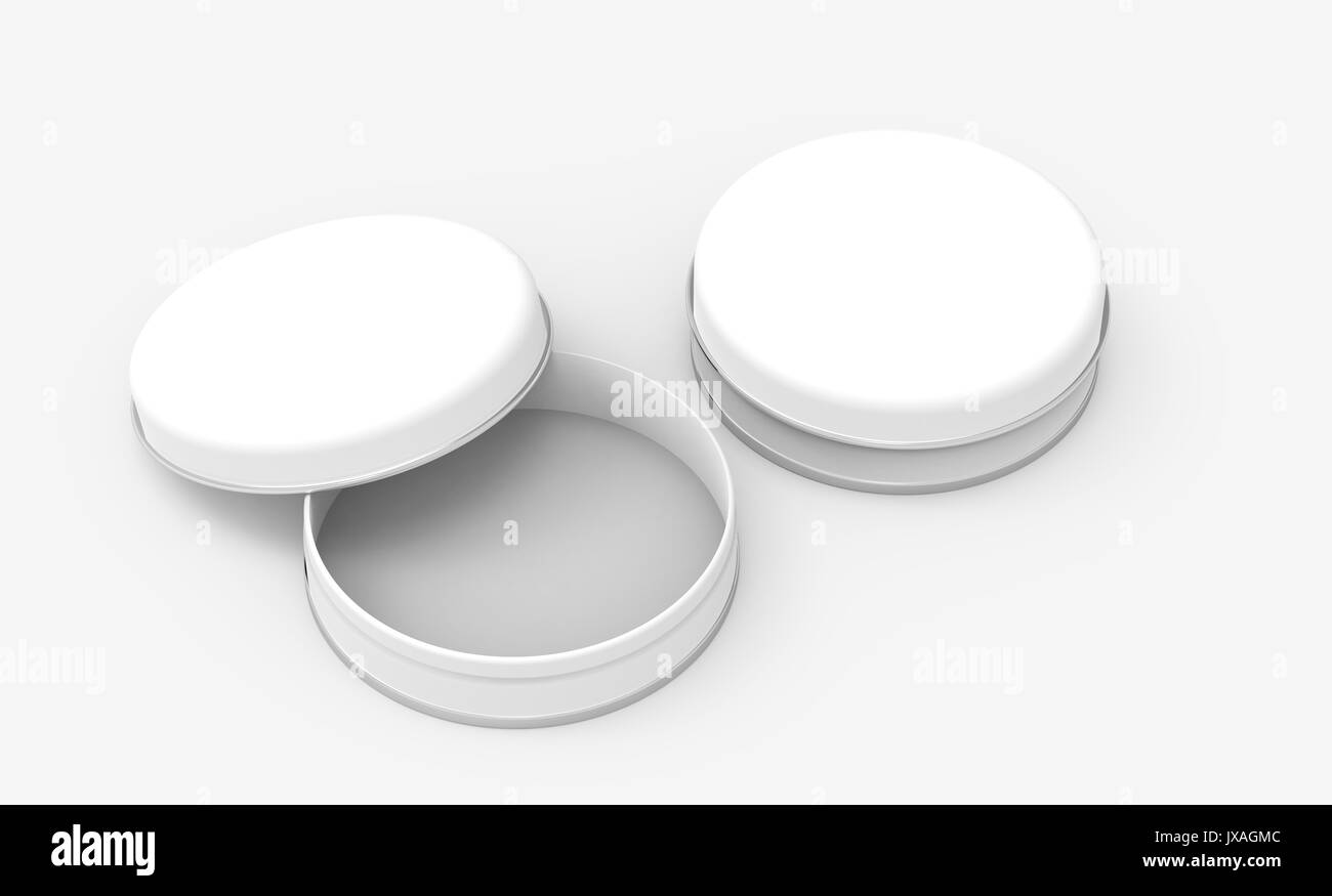 Kurze Metalldose Mockup, leere runde Blechdosen Vorlage mit glänzender Oberfläche in 3D Rendering für Design verwendet, einer offenen und einer geschlossenen Stockfoto