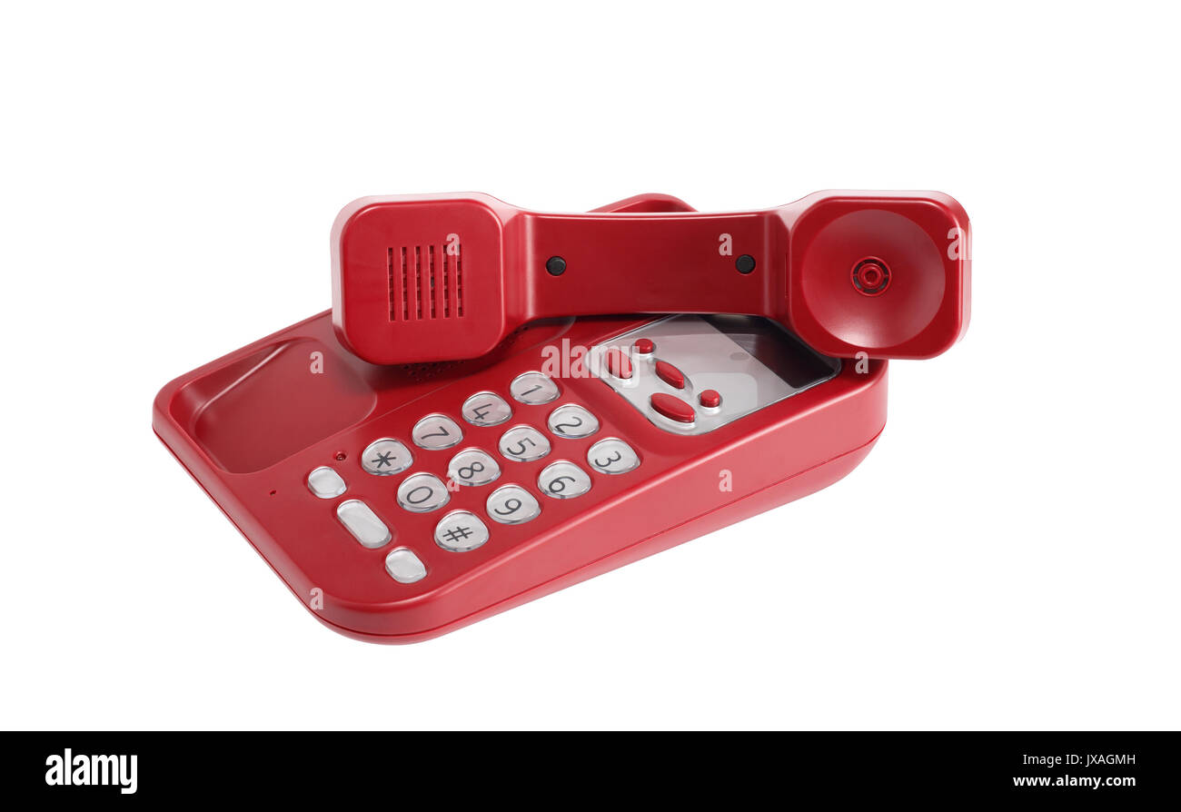 Gewöhnliche rote Telefon auf weißem Hintergrund. Mit Freistellungspfad isoliert Stockfoto