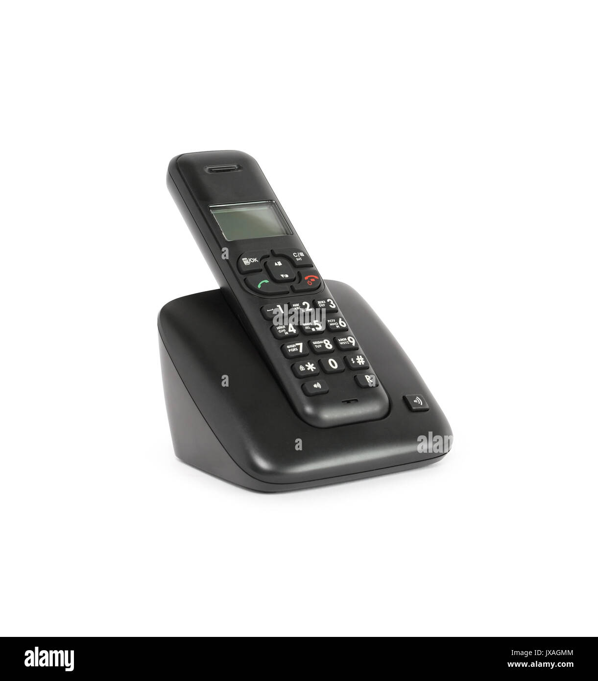 Moderne schwarze WLAN-Telefon auf weißem Hintergrund. Freistellungspfad ist im Preis inbegriffen Stockfoto