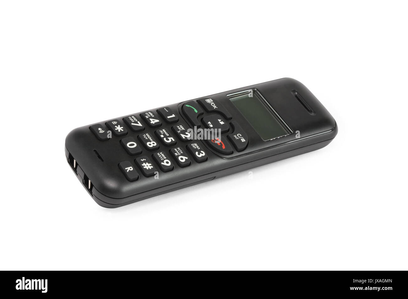 Moderne schwarze drahtlose Telefon Empfänger auf weißem Hintergrund. Freistellungspfad ist im Preis inbegriffen Stockfoto