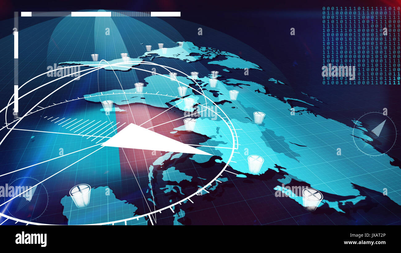 Futuristische 3D-Abbildung der hellblaue Welt Internet map mit einem riesigen Kompass und eine Halbkugel über Sie, Reihen von Bits mit Eins und Null zahlen, Stockfoto