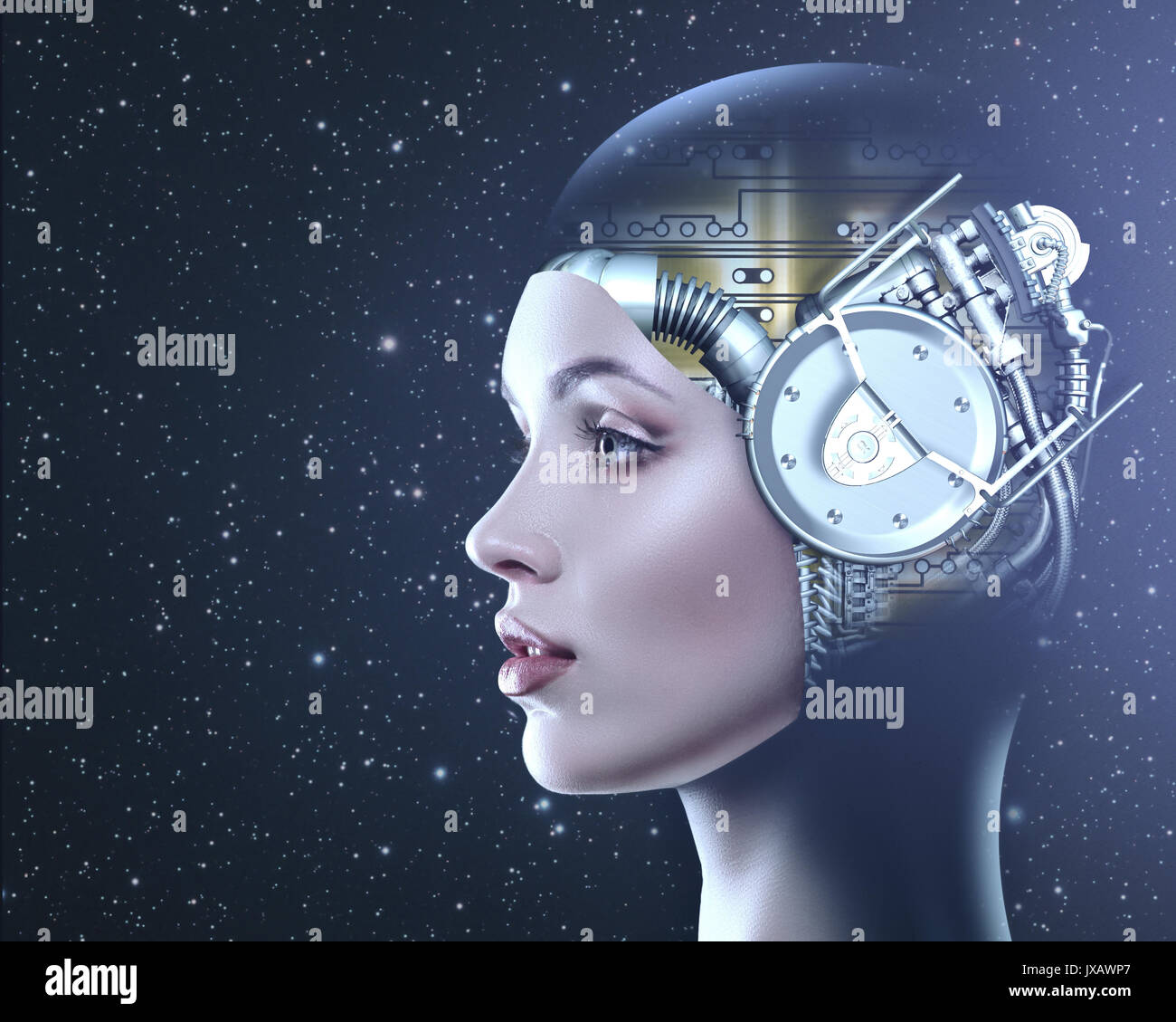 Cyber betrachten. Wissenschaft und Technik Hintergründe mit futuristischen weiblich Portrait Stockfoto