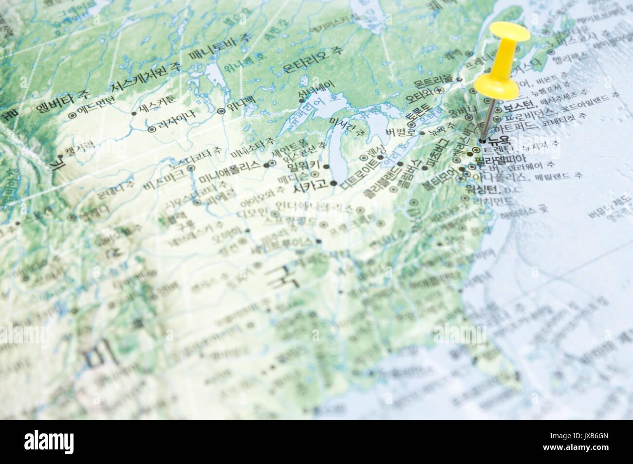 Nahaufnahme von New York USA-Karte mit gelben push Pin Stockfoto