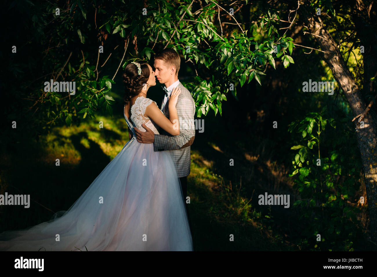 Der Bräutigam die Braut in ihre Arme in der Nähe von schönen See im Wald. Hochzeit paar in Liebe am Hochzeitstag Stockfoto