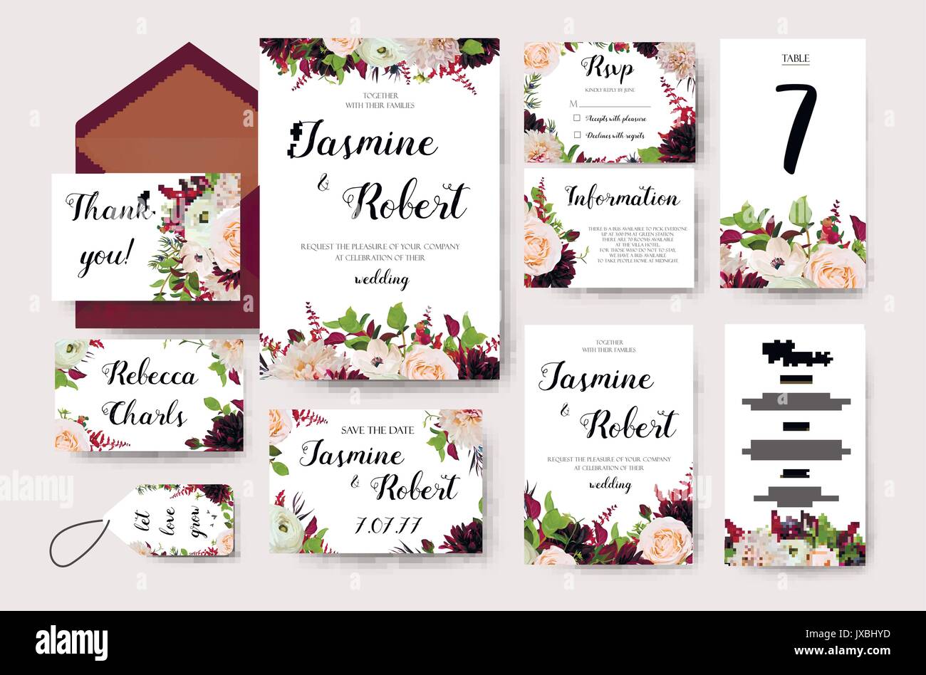 Einladung Hochzeit Blume laden Card Design mit Garten peach rose Ranunkeln rote Dahlie Blume Astilbe Blätter Kraut berry Mix poster Banner Stock Vektor
