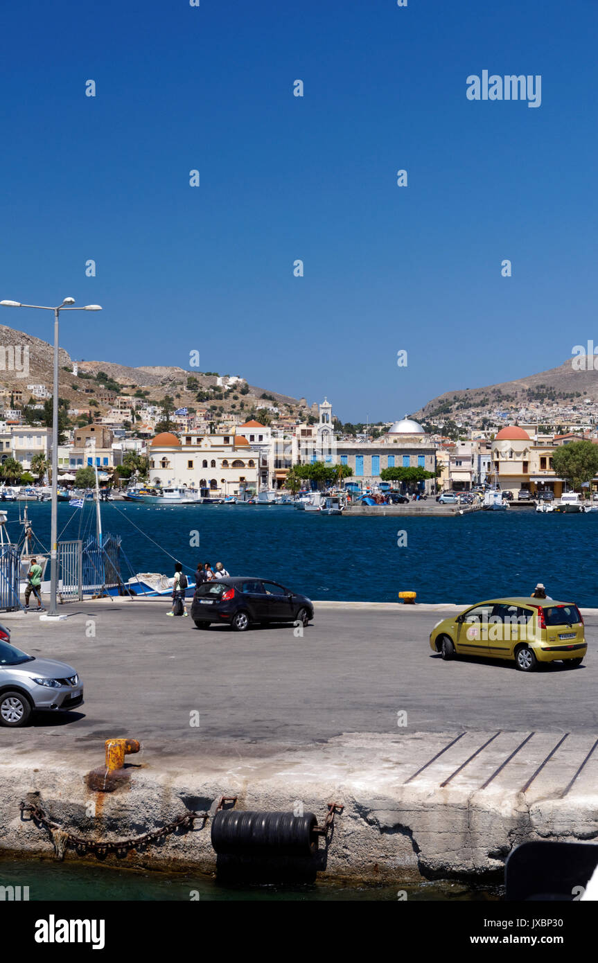 Pothia der Stadt und dem Hafen der Insel Kalymnos, Dodekanes, Griechenland. Stockfoto