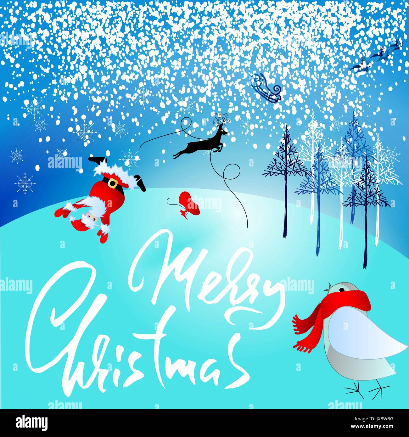 Santa Claus fallen aus dem Schlitten mit dem Kabelbaum auf der Rentiere. Vector Illustration. Weihnachten Schriftzug. Grußkarte. Winter Forest. Urlaub Inschrift. Stock Vektor