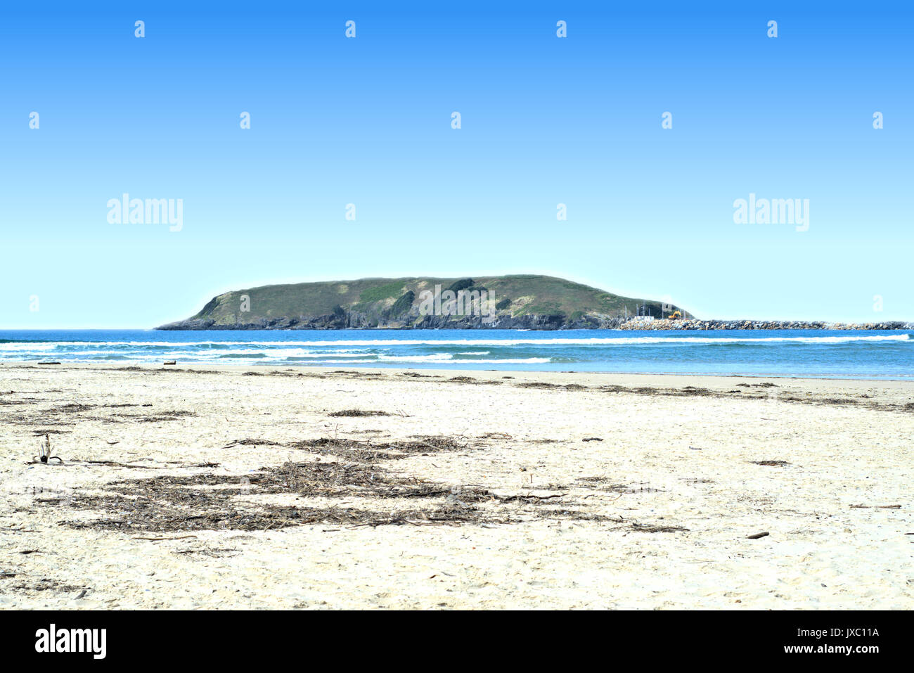 Australische Landschaft von Beach in New South Wales. In weiten Horizont ist eine Insel und ein Wellenbrecher und blauer Himmel, blaues Meer Stockfoto