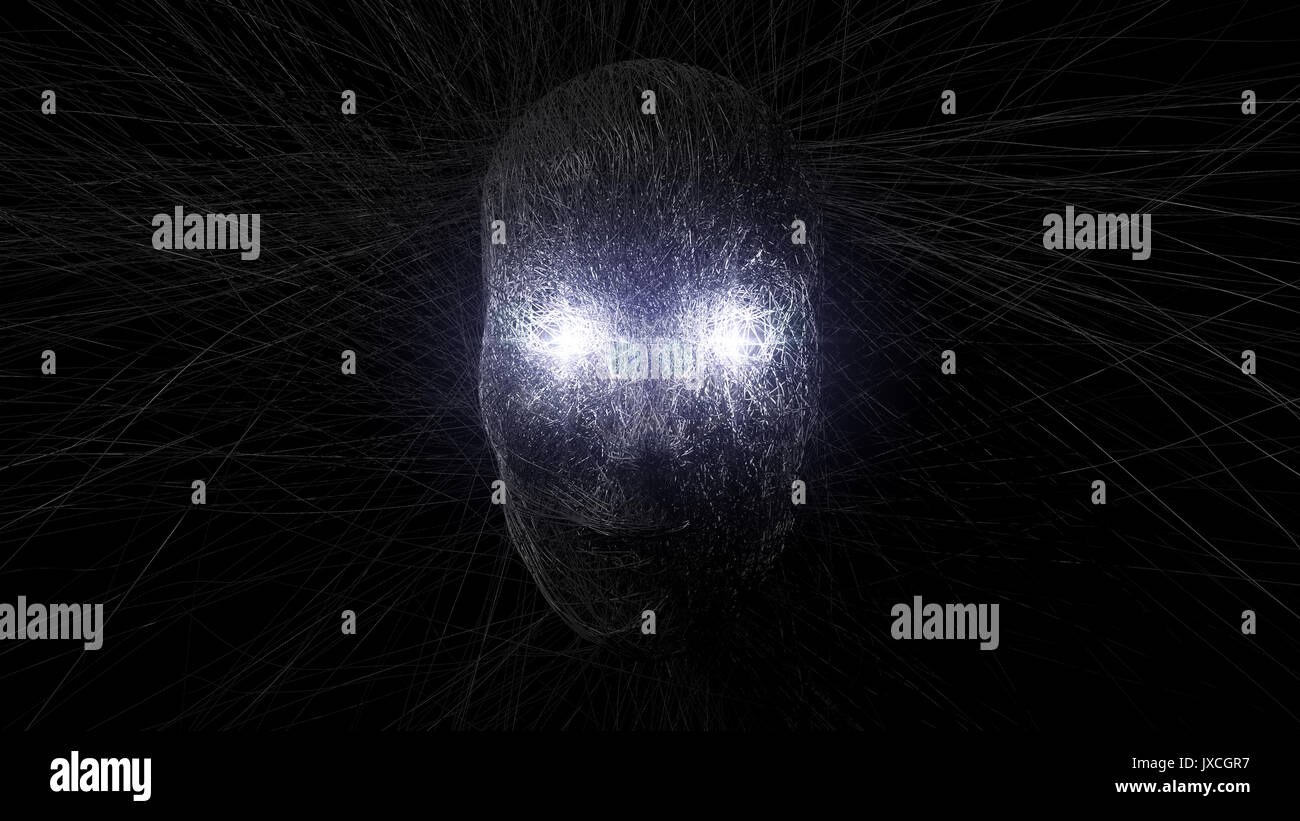 3D Darstellung der Wraith Gesicht mit wachsender Fasern. Konzept der künstlichen Intelligenz. Stockfoto
