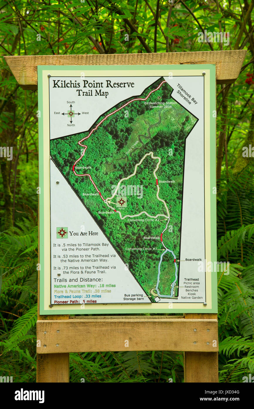 Trail map entlang Flora und Fauna Trail, Kilchis Punkt finden, Bay City, Oregon Stockfoto