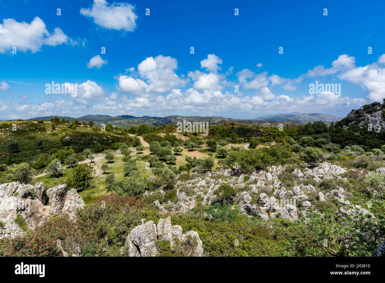 Herrliche Ausblicke auf die Landschaft von Asklepios Burg, Insel Rhodos, Griechenland Stockfoto