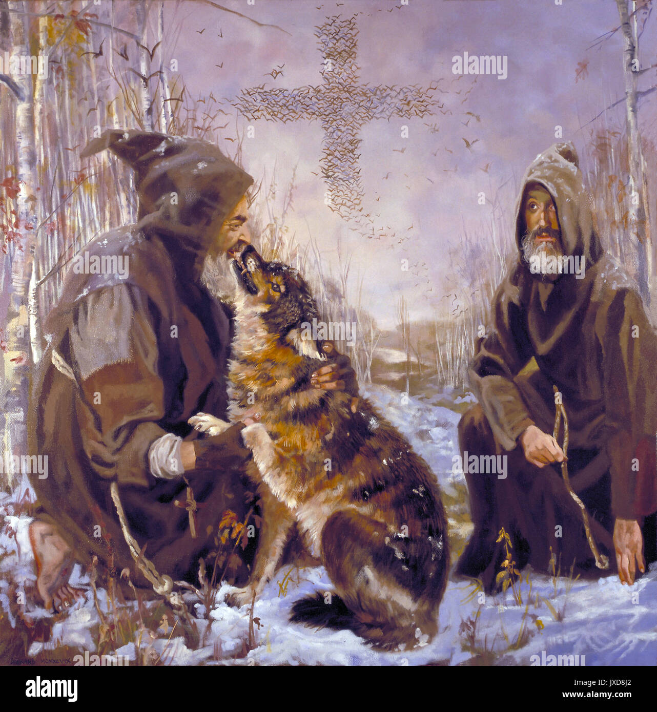 Der Wolf von Gubbio nach den Fioretti di San Francesco der umbrischen Stadt Gubbio terrorisiert, bis sie durch den Hl. Franziskus von Assisi gezähmt war, der im Auftrag Gottes. Die Geschichte ist eine von vielen in der christlichen Geschichte, heilige Personen Einflussnahme über Tiere und Natur darstellen, ein Motiv, das Gemeinsame zu Hagiographie Stockfoto