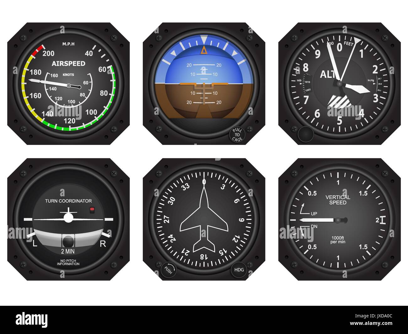 Satz von sechs Flugzeugen Avionik Instrumente. Eps 10 Vector Illustration Stock Vektor