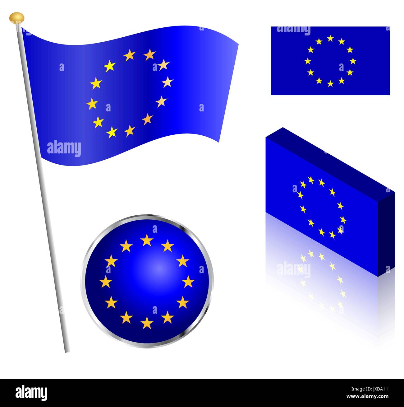 Fahne der Europäischen Union an einer Stange, Abzeichen und isometrischen Zeichnungen Vector Illustration. Stock Vektor