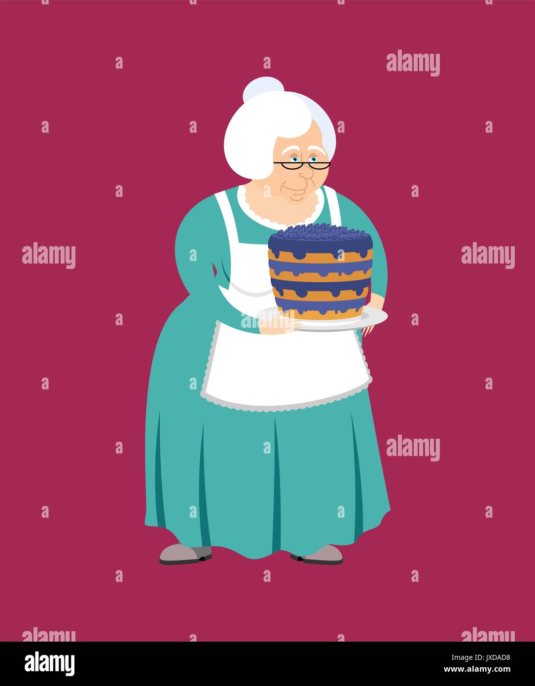 Großmutter mit Torte. Oma und Heidelbeerkuchen. Ältere Frau Stock Vektor