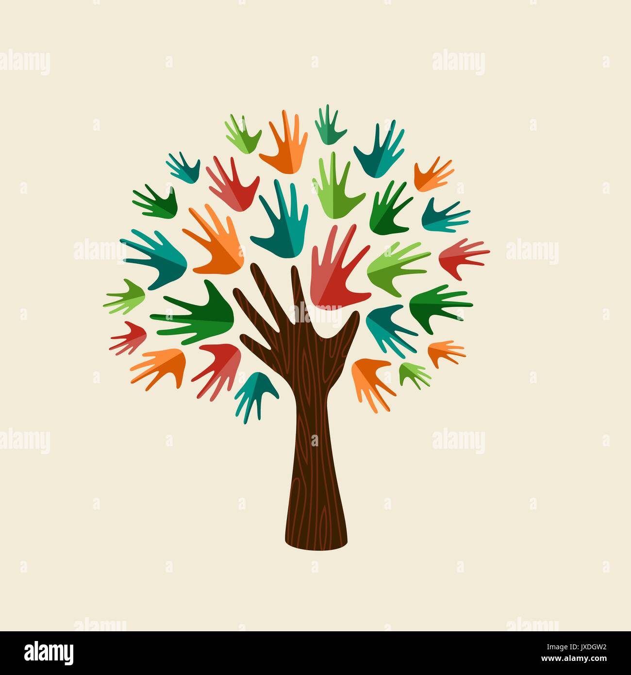 Baum Symbol mit bunten menschlichen Händen. Konzept Abbildung für die Organisation zu helfen, umwelt Projekt oder soziale Arbeit. EPS 10 Vektor. Stock Vektor