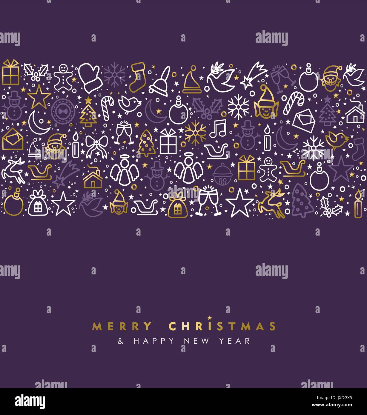 Frohe Weihnachten und guten Rutsch ins Neue Jahr Grußkarte mit Gold Line Art Urlaub Symbol Muster, umriss Dekoration Hintergrund. EPS 10 Vektor. Stock Vektor