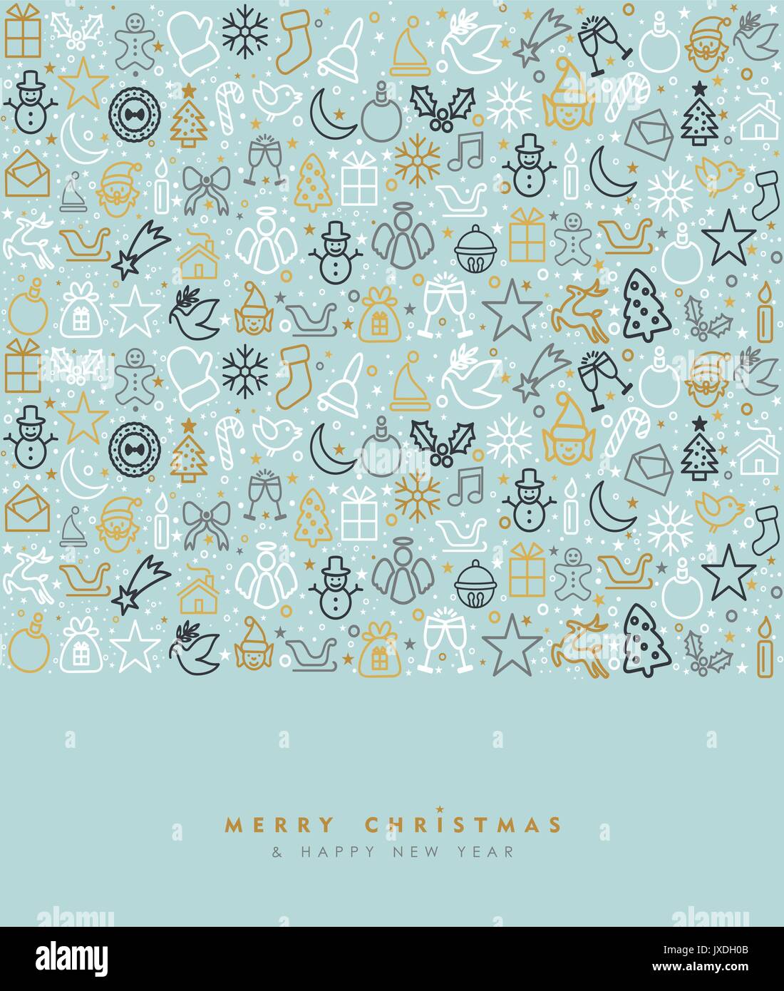 Frohe Weihnachten und guten Rutsch ins Neue Jahr luxus Grußkarte Design mit Gold Holiday line Art Symbol Muster. EPS 10 Vektor. Stock Vektor