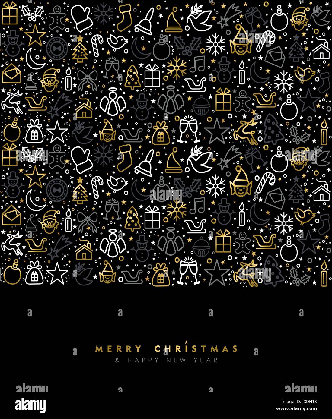 Frohe Weihnachten und guten Rutsch ins Neue Jahr luxus Grußkarte Design mit Gold Holiday line Art Symbol Muster. EPS 10 Vektor. Stock Vektor