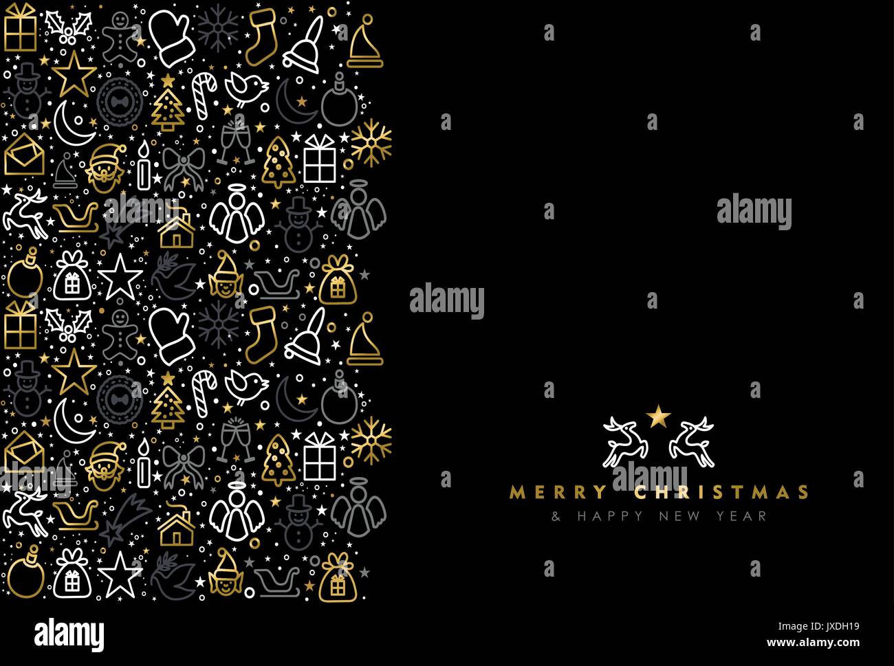 Frohe Weihnachten und guten Rutsch ins Neue Jahr Grußkarte mit Gold Line Art Urlaub Symbol Muster, outline Style ornament Hintergrund. EPS 10 Vektor. Stock Vektor