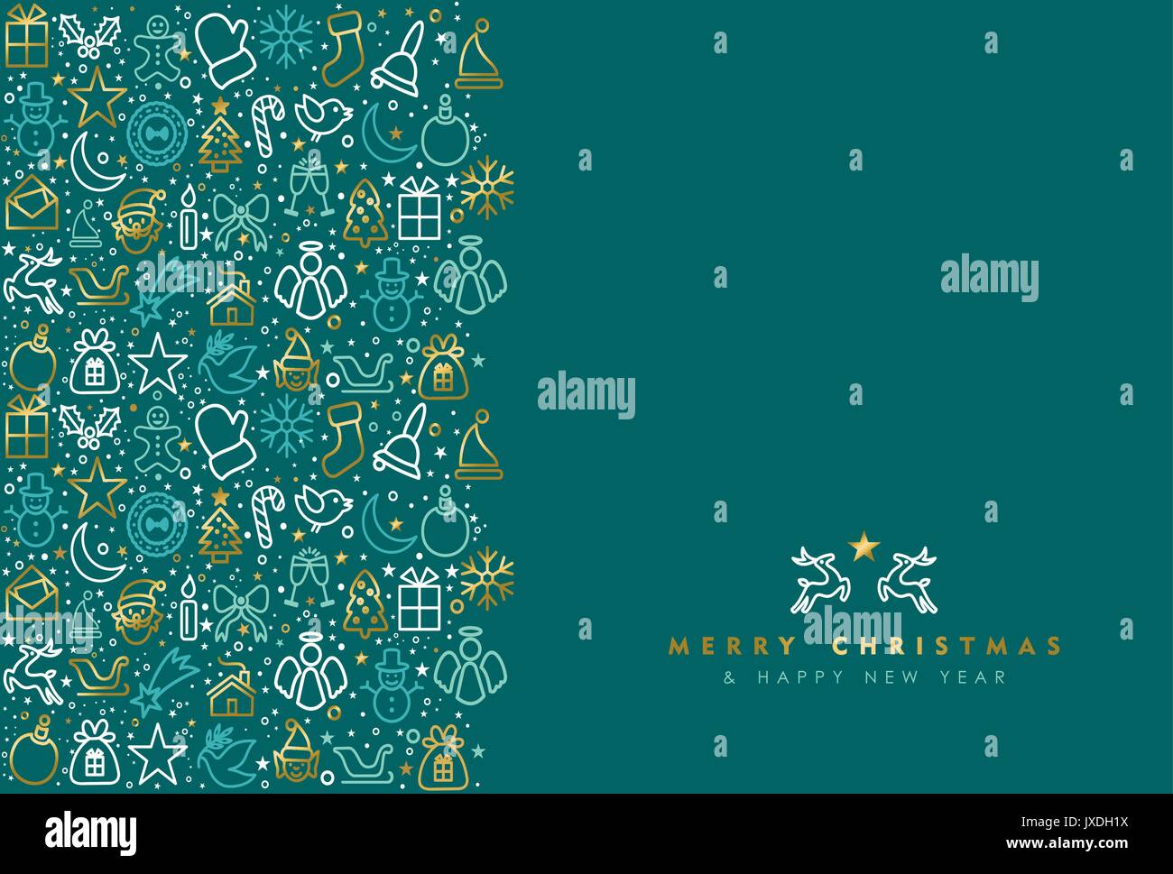 Frohe Weihnachten und guten Rutsch ins Neue Jahr luxus Grußkarte Design mit Gold Holiday line Art Symbol Muster. EPS 10 Vektor. Stock Vektor