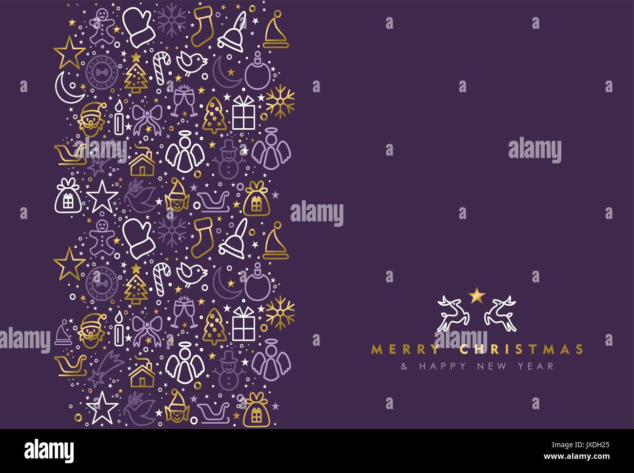 Frohe Weihnachten und guten Rutsch ins Neue Jahr luxus Grußkarte Design mit Gold Holiday line Art Symbol Muster. EPS 10 Vektor. Stock Vektor