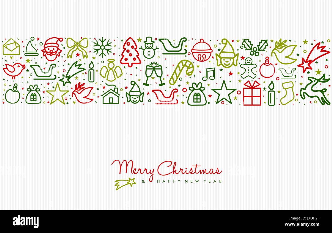Frohe Weihnachten und guten Rutsch ins Neue Jahr Gruß card Design mit Holiday line Art Symbol Muster. EPS 10 Vektor. Stock Vektor