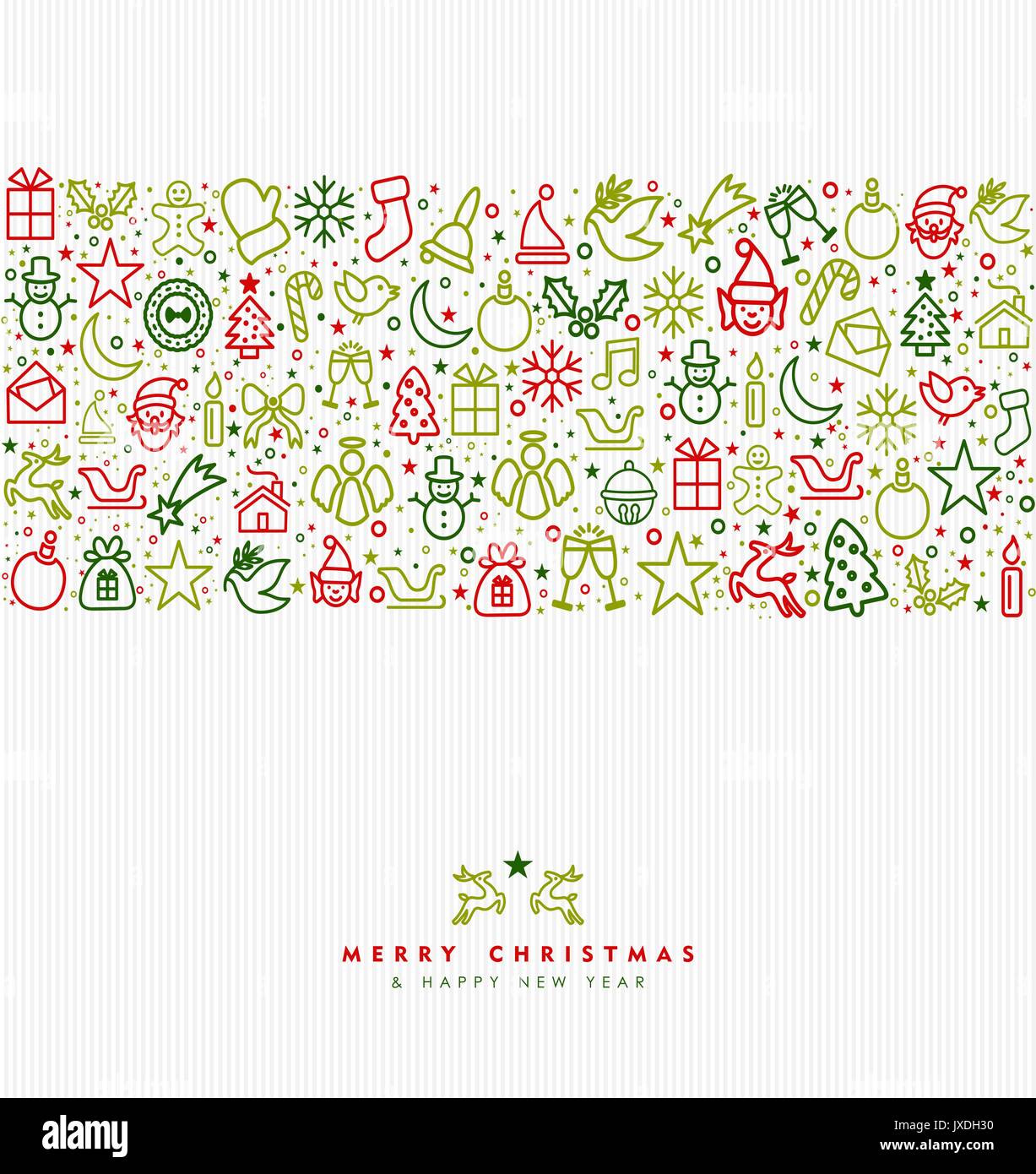 Frohe Weihnachten und guten Rutsch ins Neue Jahr Grußkarte mit Line Art Urlaub Symbol Muster, outline Style winter Dekoration Hintergrund. EPS 10 Vektor. Stock Vektor