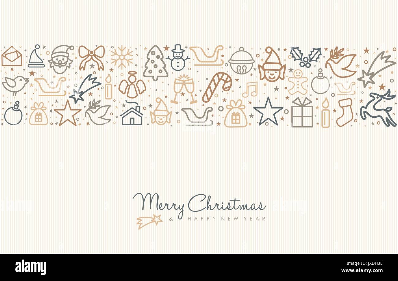 Frohe Weihnachten und guten Rutsch ins Neue Jahr Gruß card Design mit Holiday line Art Symbol Muster. EPS 10 Vektor. Stock Vektor