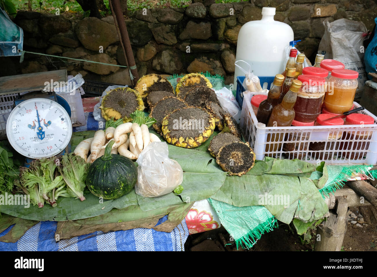 Gemüse und wilden Honig zum Verkauf, Doi Mae Salong oder Santikhiri Chinesischen Dorf, in der Nähe von Chiang Rai, Thailand. Stockfoto