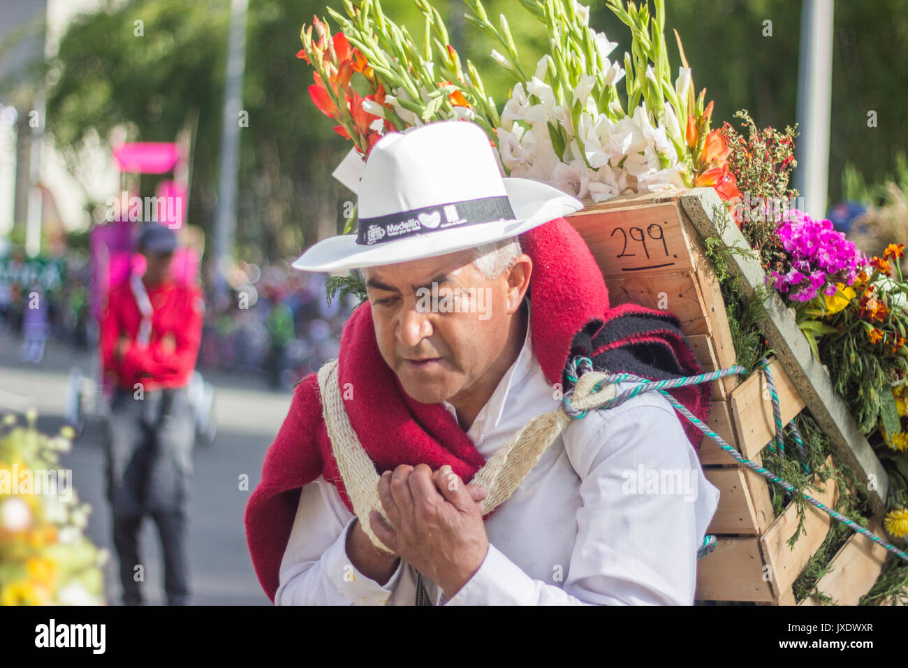 Ein Mann trägt Blüten mit der Holzkiste in ihr zurück in den letzten Tag des Festivals der Blumen in Medellin, Kolumbien am 8. August 2017. Stockfoto