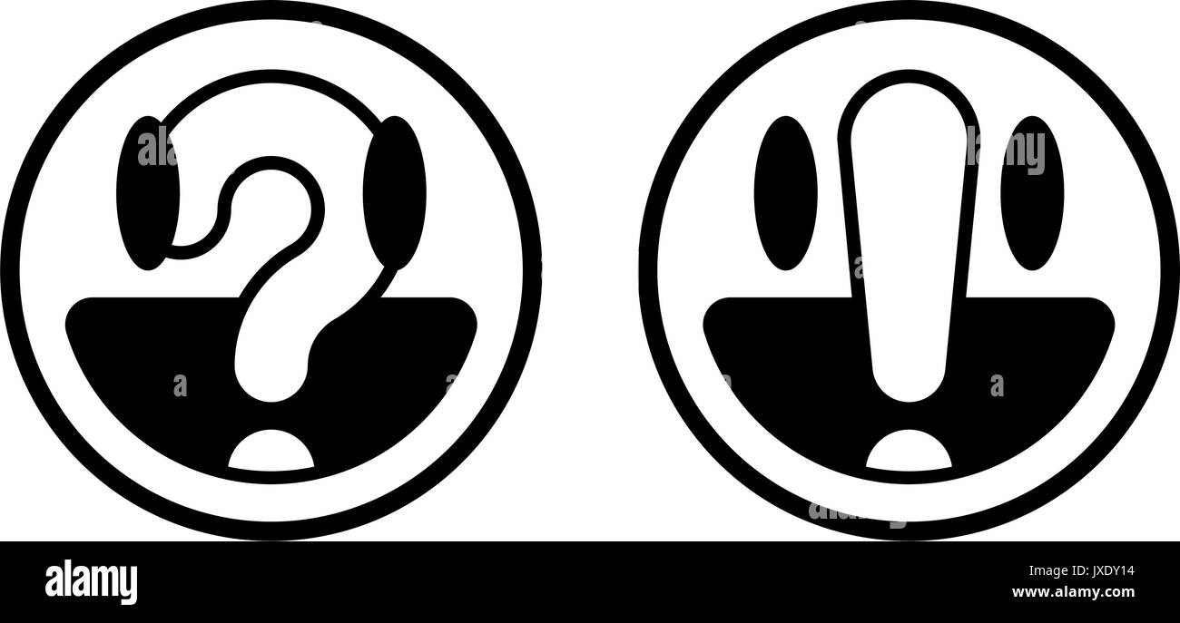 Zwei schwarze und weiße, runde smiley-Gesichter mit Fragezeichen und Ausrufezeichen, Vector Illustration Stock Vektor