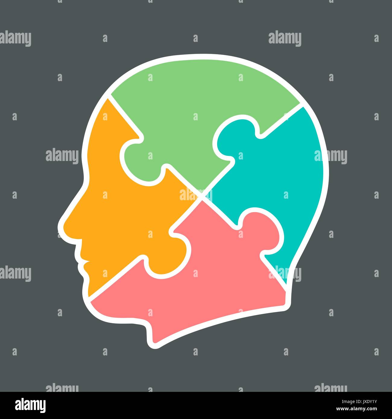 Symbol für einen Kopfschnitt in vier Puzzle Stück Farben pink, orange, Aqua und grün, Vektor, Abbildung Stock Vektor