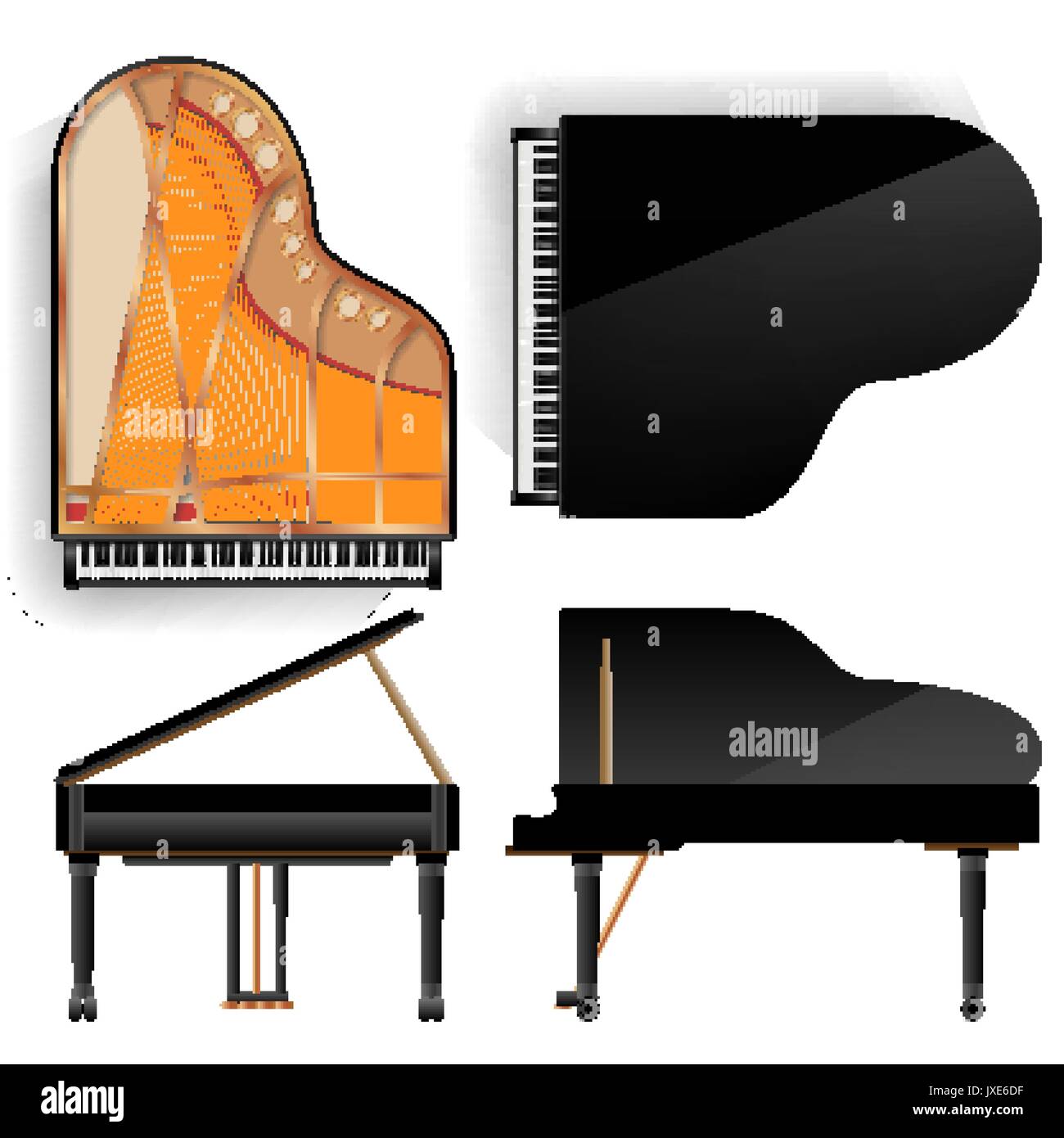 Grand Piano Set Vektor. Realistische schwarze Flügel Oben und Zurück.  Geöffnet und geschlossen wird. Isolierte Abbildung. Musical Instrument  Stock-Vektorgrafik - Alamy