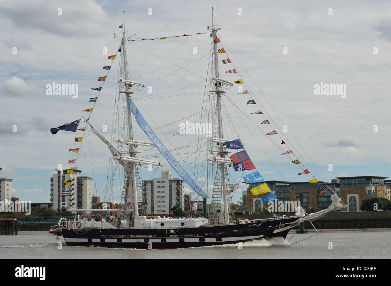 London, Großbritannien. 16 Aug, 2017. Sea Cadet Sail Training Ship TS Royalistischen kommt auf der Themse. London, nach dem Gewinn der 2017 Tall Ships Race. Credit: Christy/Alamy Leben Nachrichten. Stockfoto