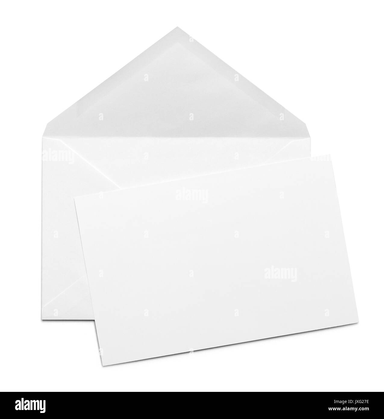 Öffnen Sie weißen Umschlag mit Karte isoliert auf weißem Hintergrund. Stockfoto