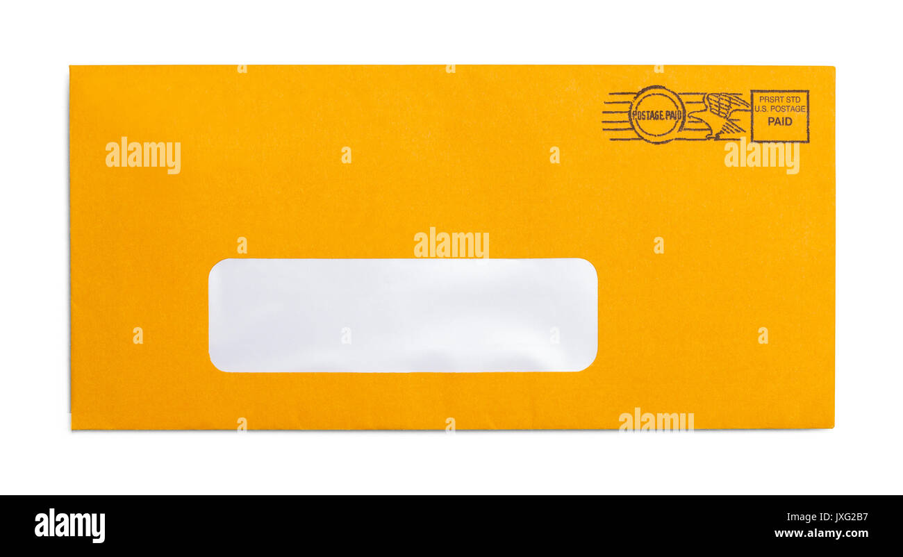 Leere gelber Umschlag isoliert auf weißem Hintergrund. Stockfoto