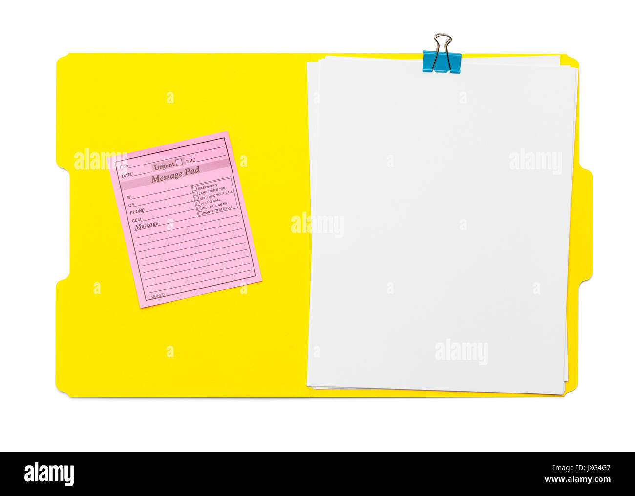 Gelbe Ordner öffnen Mit Papier isoliert auf weißem Hintergrund. Stockfoto