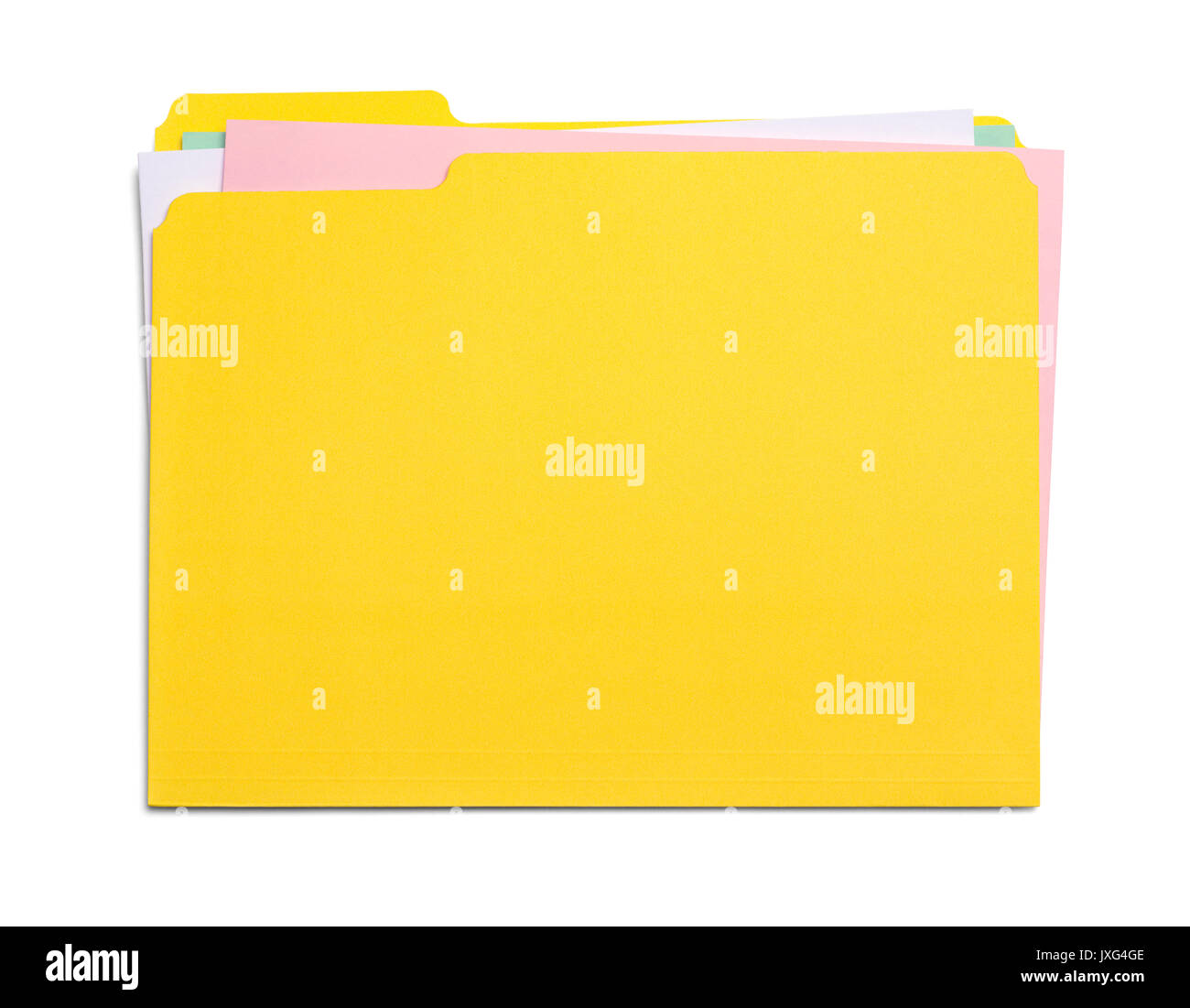 Gelbe Ordner mit unordentlichen Papiere isoliert auf weißem Hintergrund. Stockfoto