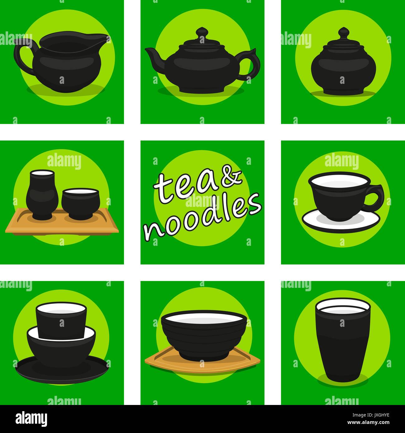Chinesischen Utensilien Icon Set. Tee und Nudeln. Stock Vektor