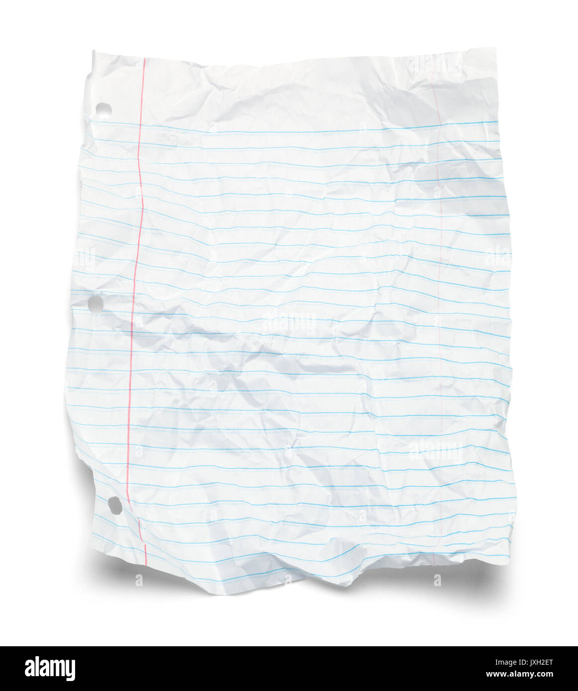 Liniertem Papier isoliert auf weißem Hintergrund zerknittert. Stockfoto