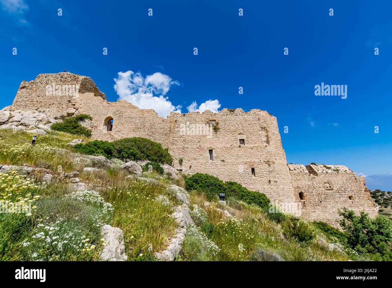 Panoramablick auf die kritinia Castle - Kastellos, Insel Rhodos, Griechenland Stockfoto