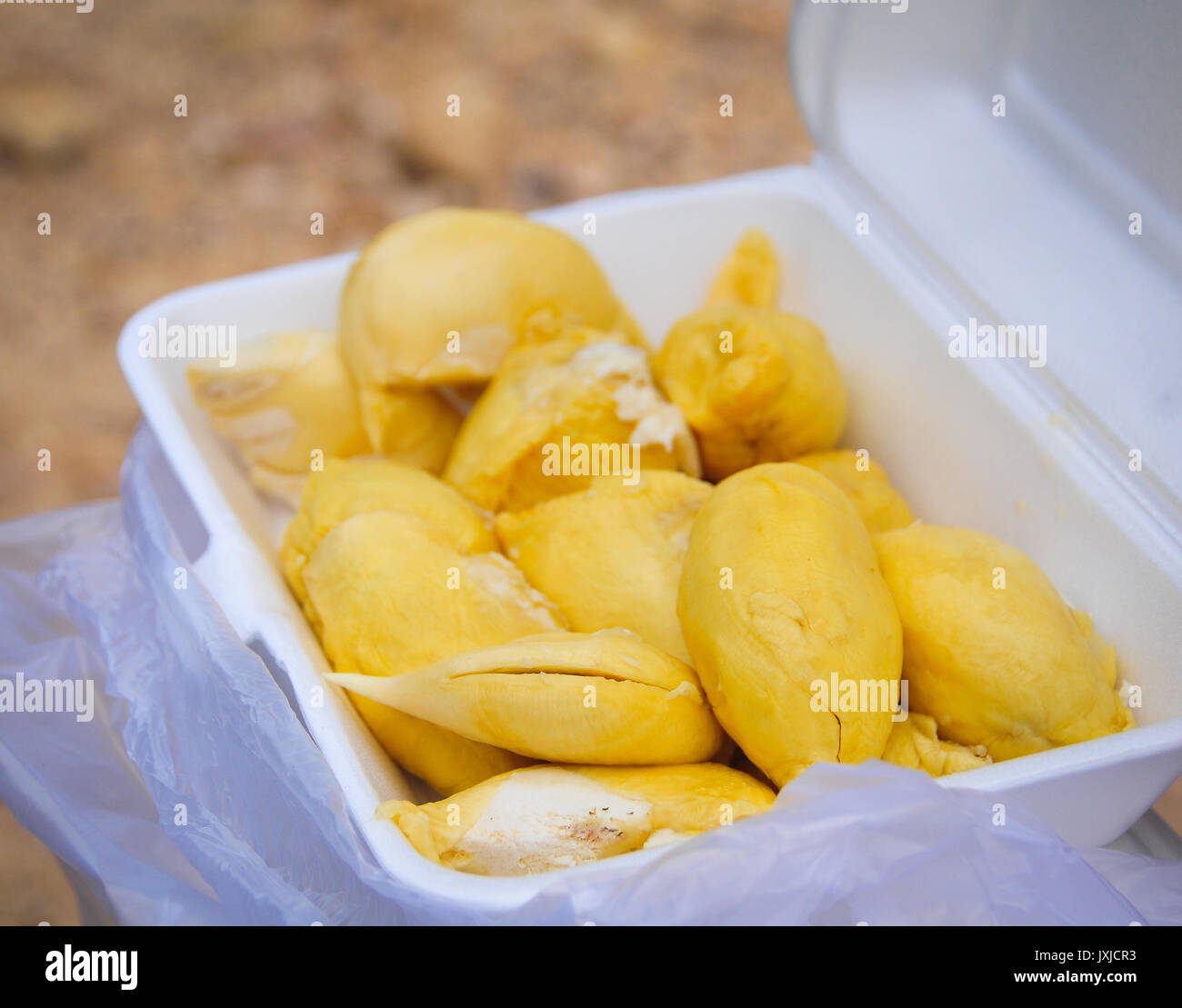 Verkauf von Durian Früchten auf dem Markt in Kambodscha. Durian ist tropische Früchte so lecker süß und gut riechen. Stockfoto