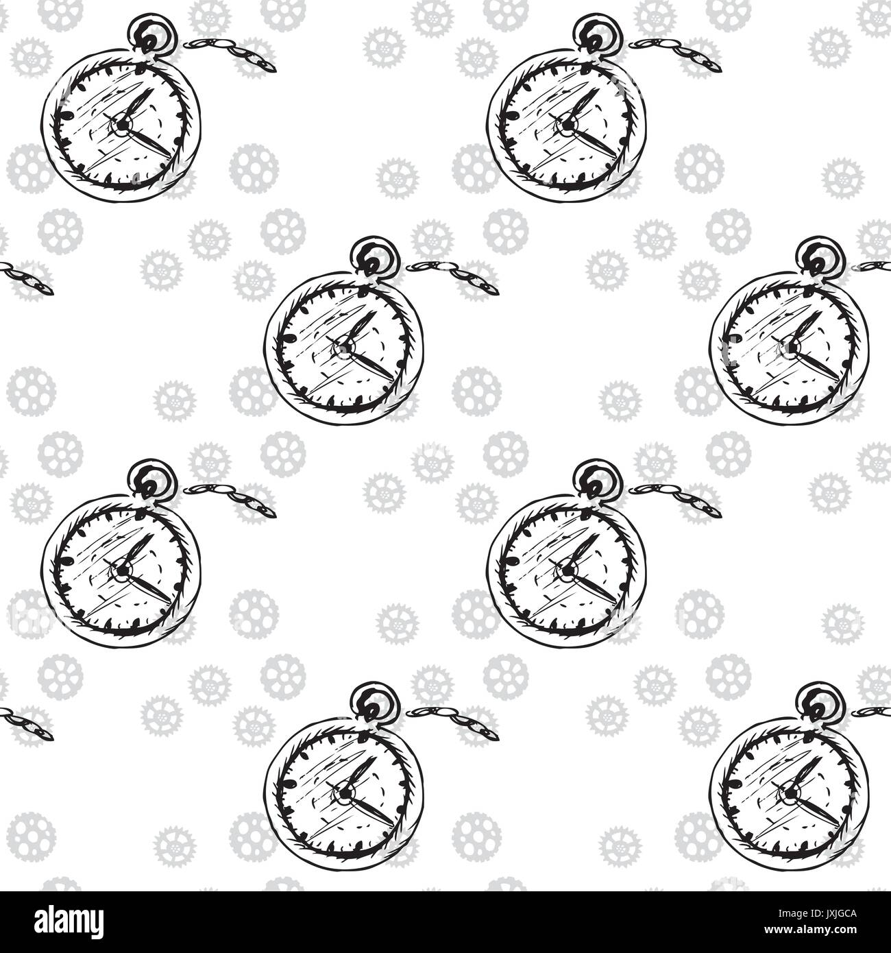 Uhren nahtlose Muster mit Taschenuhren und Zahnräder, Vektor Stock Vektor