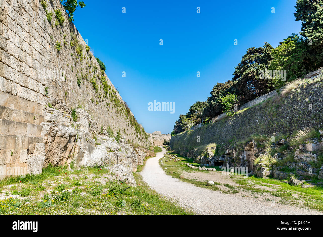 Erstaunlich Mauern einer mittelalterlichen Stadt Rhodos, die Insel Rhodos, Griechenland Stockfoto