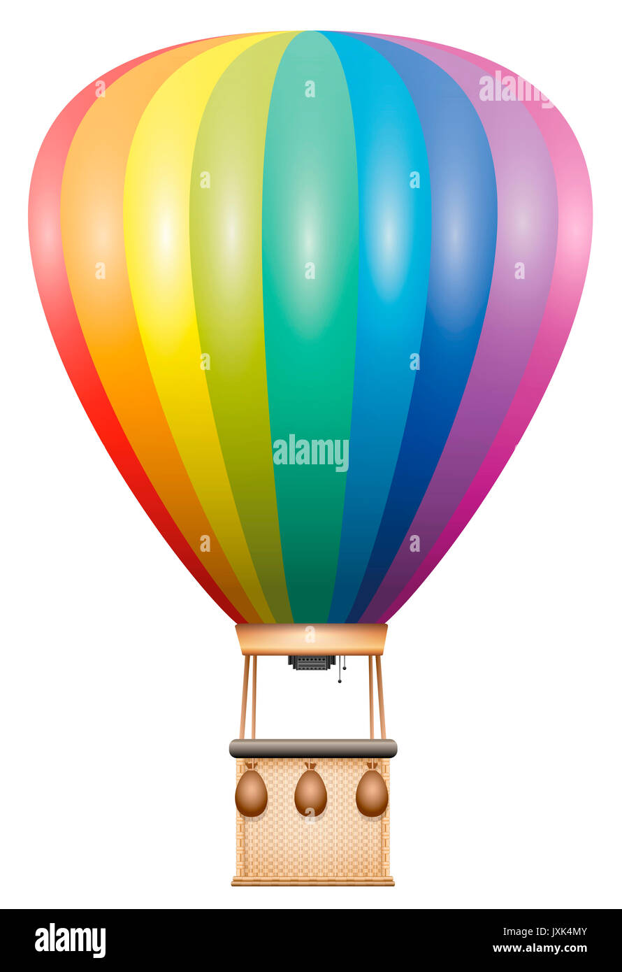 Fesselballon - Regenbogen farbige flying Fahrzeug mit Korb und Sandsäcke - Abbildung auf weißem Hintergrund. Stockfoto