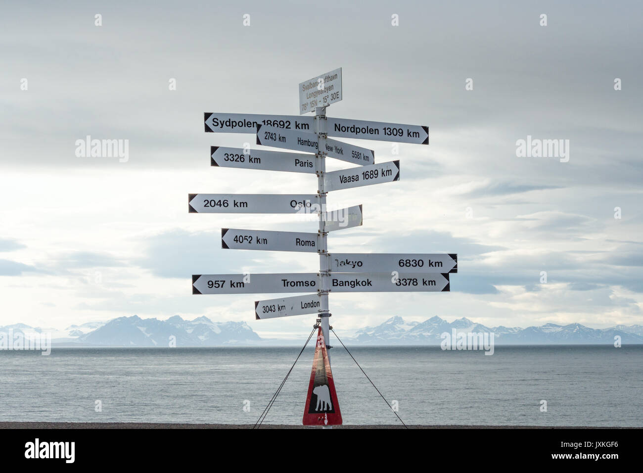 Longyearbyen Flughafen Entfernung Marker Zeichen Stockfoto