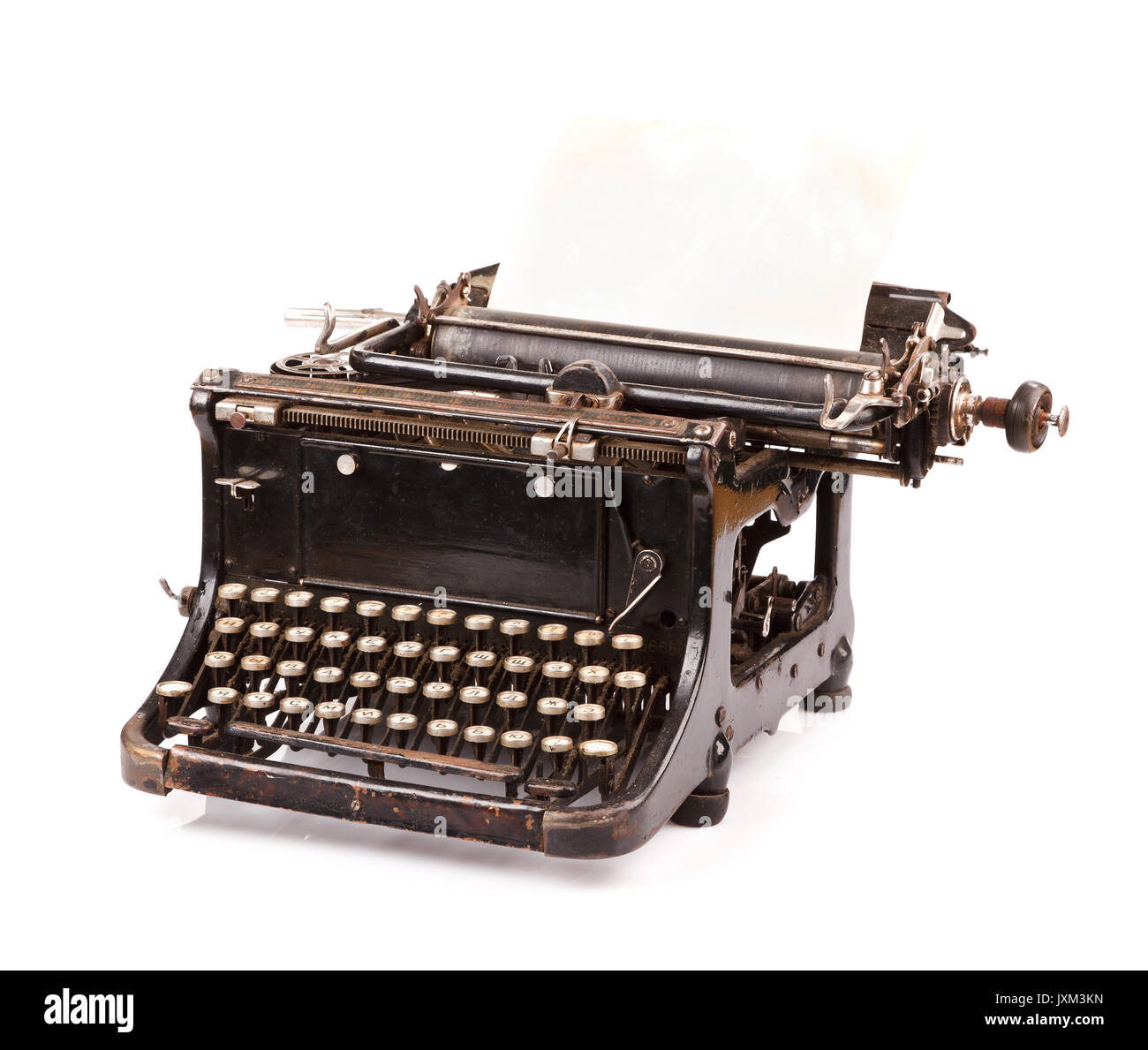 Vintage schwarz Schreibmaschine auf weißem Hintergrund. Stockfoto