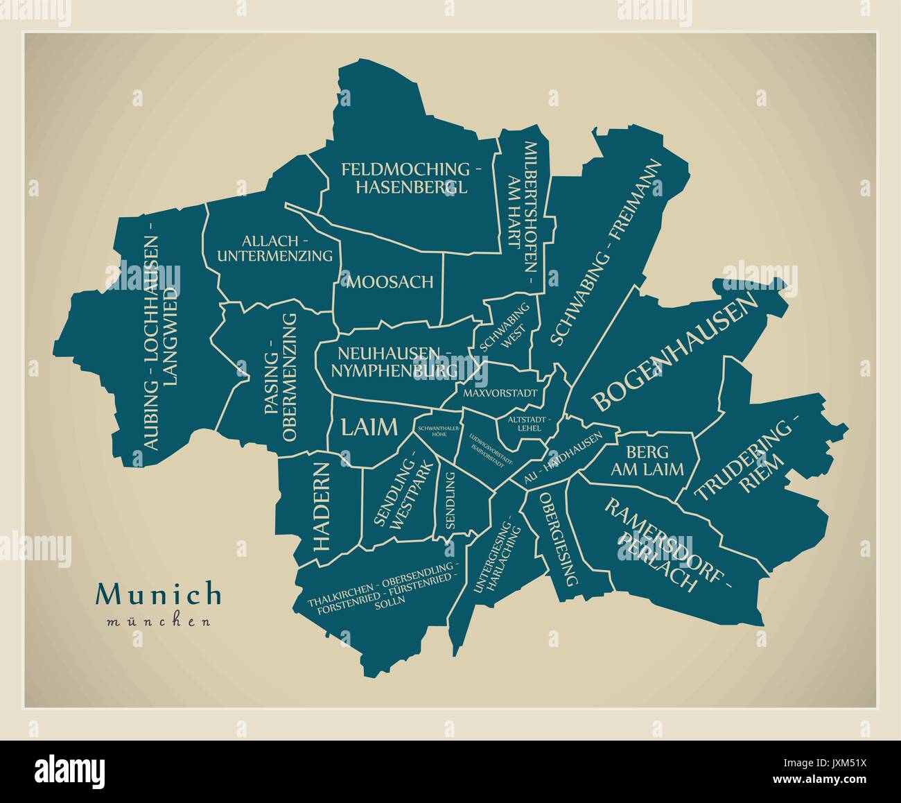 Moderne Stadtplan - München Stadt Deutschlands mit Bezirken und Titel DE Stock Vektor
