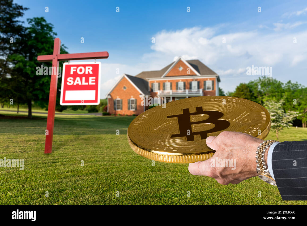 Geschäftsmann Hand bietet Bitcoin Haus kaufen Stockfotografie - Alamy